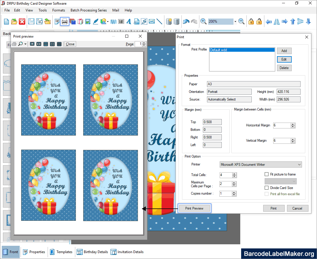 Birthday Card Print Mode
