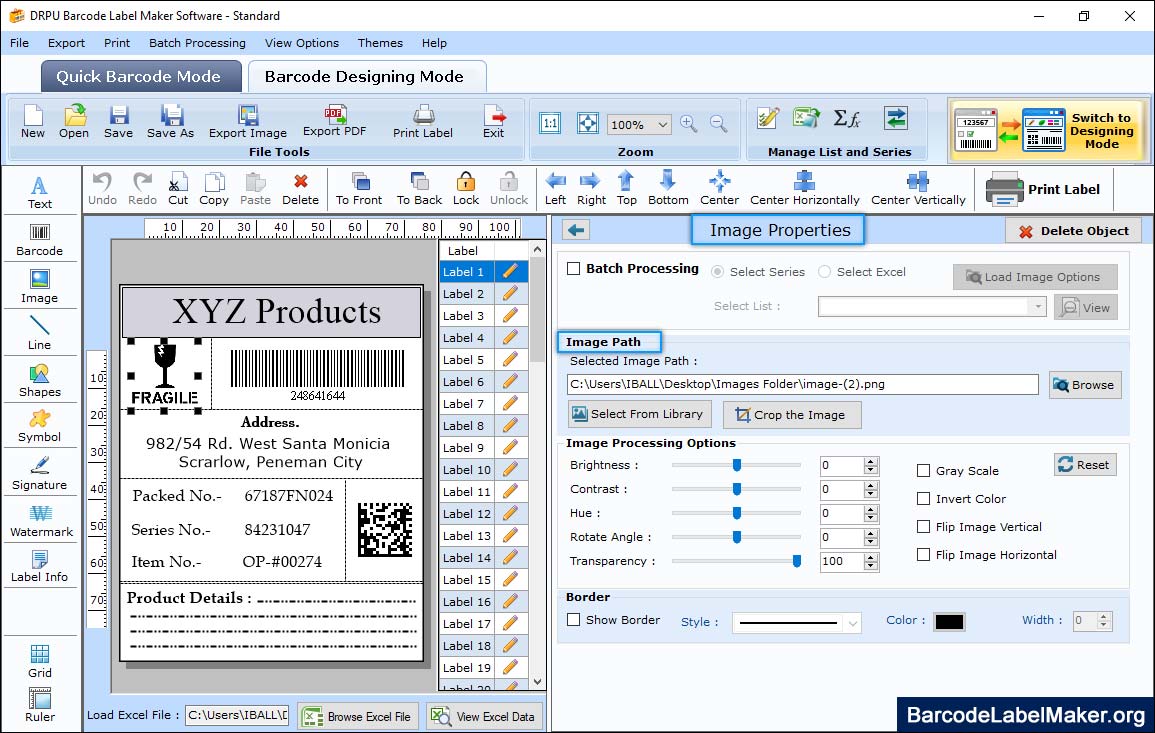 Barcode Label Standard Image Properties