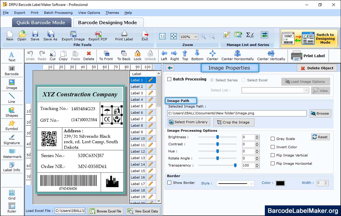 Professional Barcode Set Image Properties