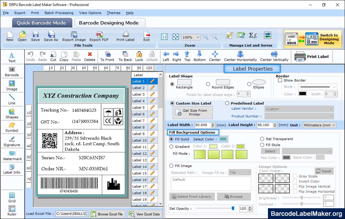 Professional Barcode Set Label Properties