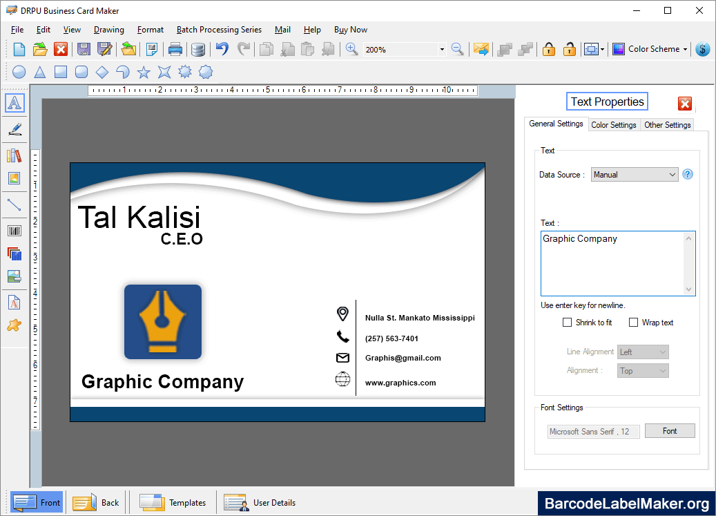 Business Card Text Properties