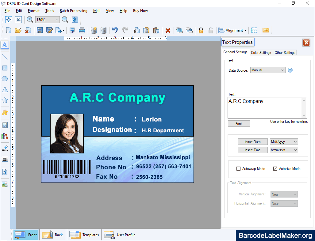 Text Properties ID Card Text Properties